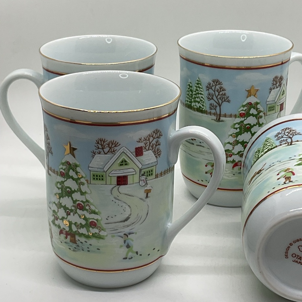 Set of 4 Vintage Otagiri Holiday Winter Scene Ceramic Mugs in Original Box